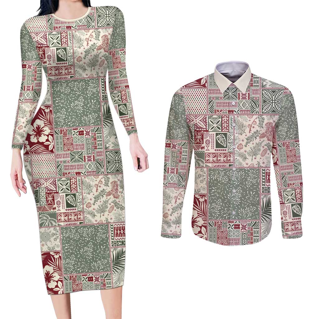Aloha Hawaii Pastel Christmas Patchwork Couples Matching Long Sleeve Bodycon Dress and Long Sleeve Button Shirt Classic Style LT7 Pastel Green - Polynesian Pride