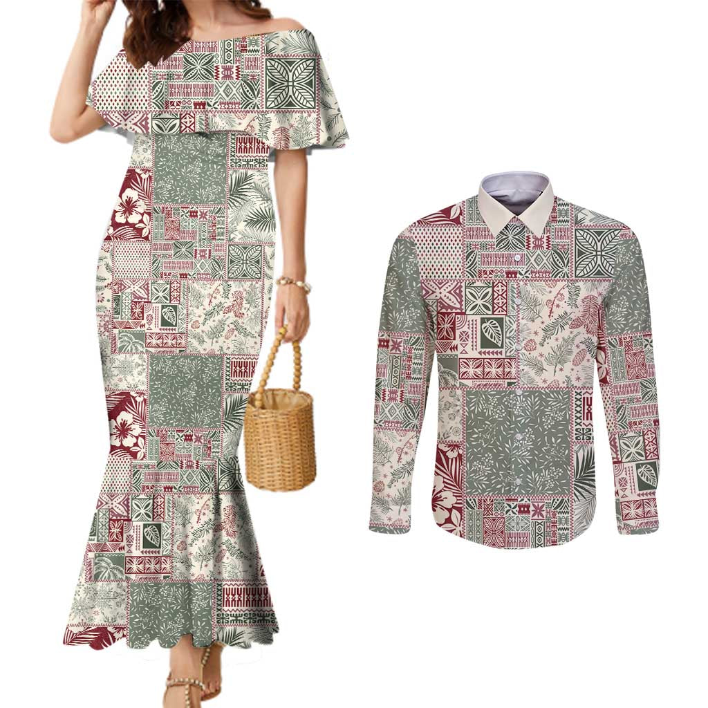 Aloha Hawaii Pastel Christmas Patchwork Couples Matching Mermaid Dress and Long Sleeve Button Shirt Classic Style LT7 Pastel Green - Polynesian Pride