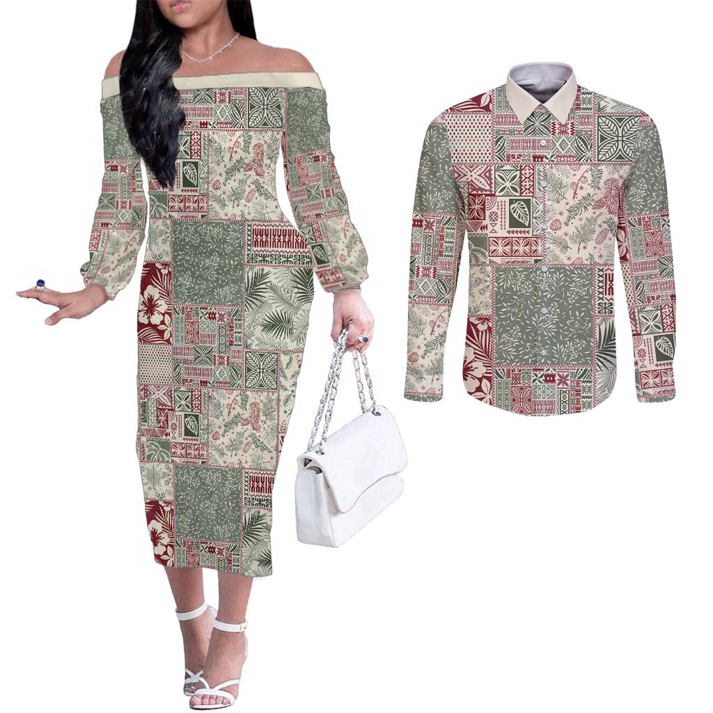 Aloha Hawaii Pastel Christmas Patchwork Couples Matching Off The Shoulder Long Sleeve Dress and Long Sleeve Button Shirt Classic Style LT7 Pastel Green - Polynesian Pride