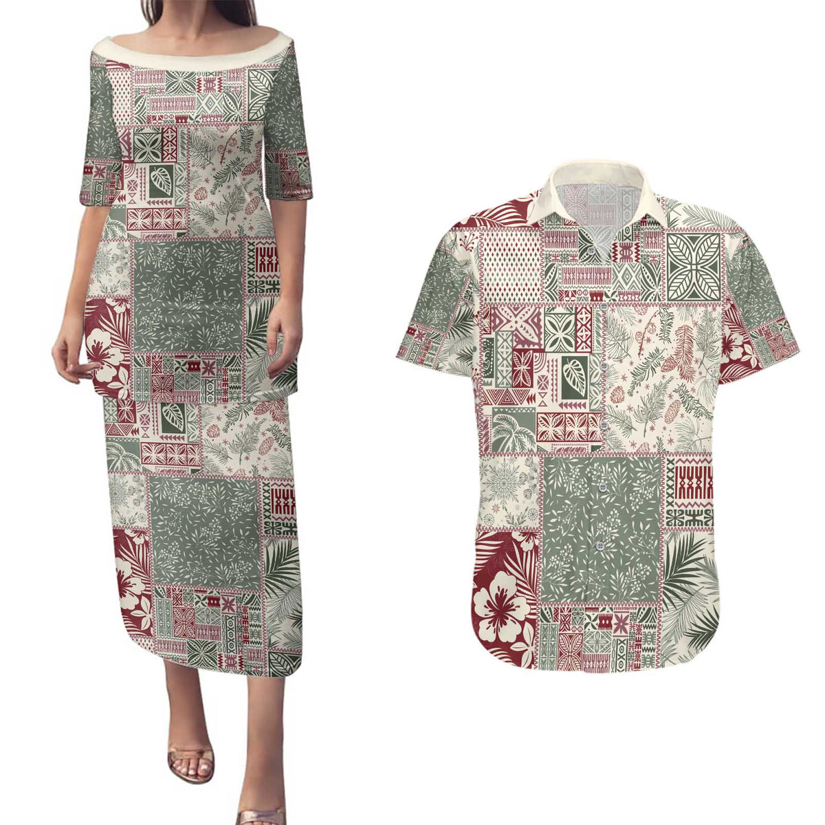 Aloha Hawaii Pastel Christmas Patchwork Couples Matching Puletasi and Hawaiian Shirt Classic Style - Polynesian Pride