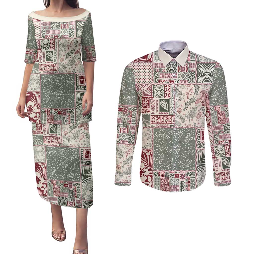 Aloha Hawaii Pastel Christmas Patchwork Couples Matching Puletasi and Long Sleeve Button Shirt Classic Style LT7 Pastel Green - Polynesian Pride