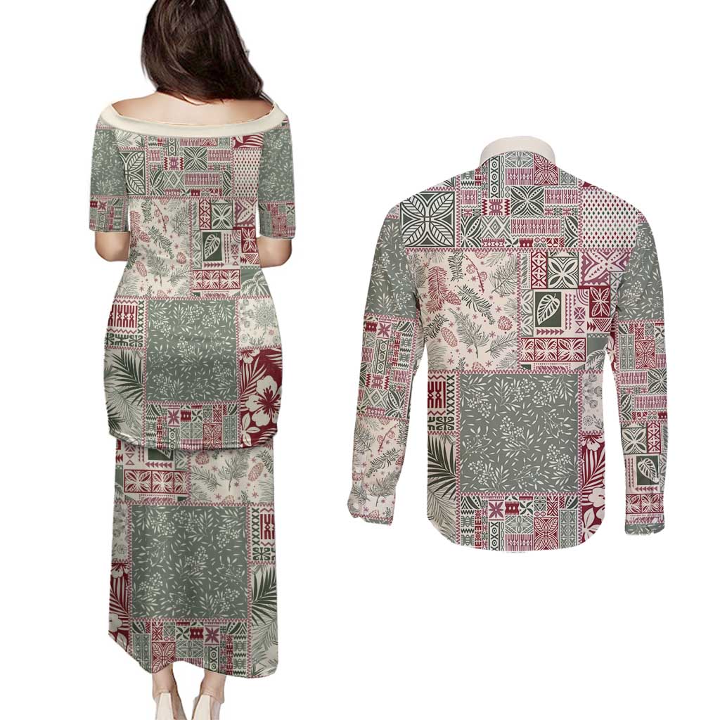 Aloha Hawaii Pastel Christmas Patchwork Couples Matching Puletasi and Long Sleeve Button Shirt Classic Style - Polynesian Pride