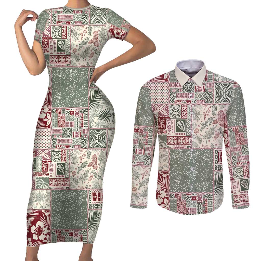 Aloha Hawaii Pastel Christmas Patchwork Couples Matching Short Sleeve Bodycon Dress and Long Sleeve Button Shirt Classic Style LT7 Pastel Green - Polynesian Pride