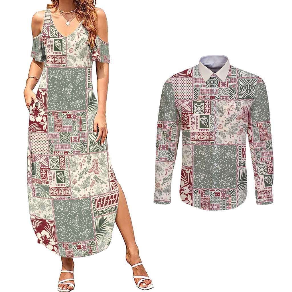 Aloha Hawaii Pastel Christmas Patchwork Couples Matching Summer Maxi Dress and Long Sleeve Button Shirt Classic Style LT7 Pastel Green - Polynesian Pride
