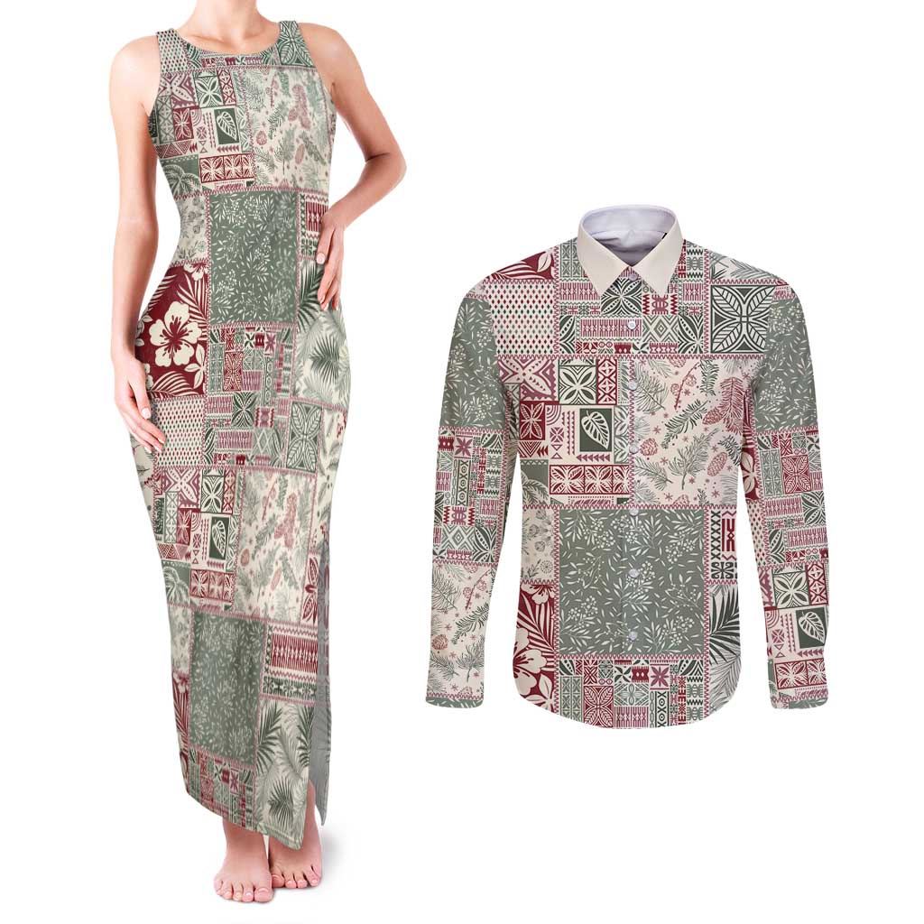 Aloha Hawaii Pastel Christmas Patchwork Couples Matching Tank Maxi Dress and Long Sleeve Button Shirt Classic Style LT7 Pastel Green - Polynesian Pride