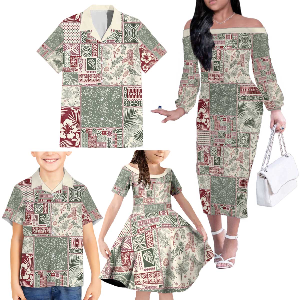 Aloha Hawaii Pastel Christmas Patchwork Family Matching Off The Shoulder Long Sleeve Dress and Hawaiian Shirt Classic Style LT7 - Polynesian Pride