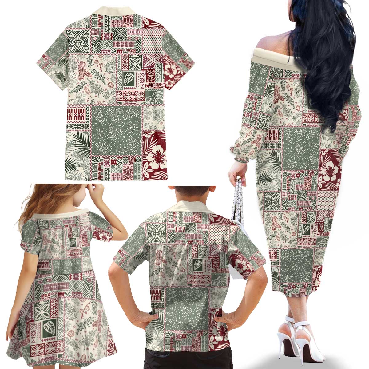 Aloha Hawaii Pastel Christmas Patchwork Family Matching Off The Shoulder Long Sleeve Dress and Hawaiian Shirt Classic Style LT7 - Polynesian Pride