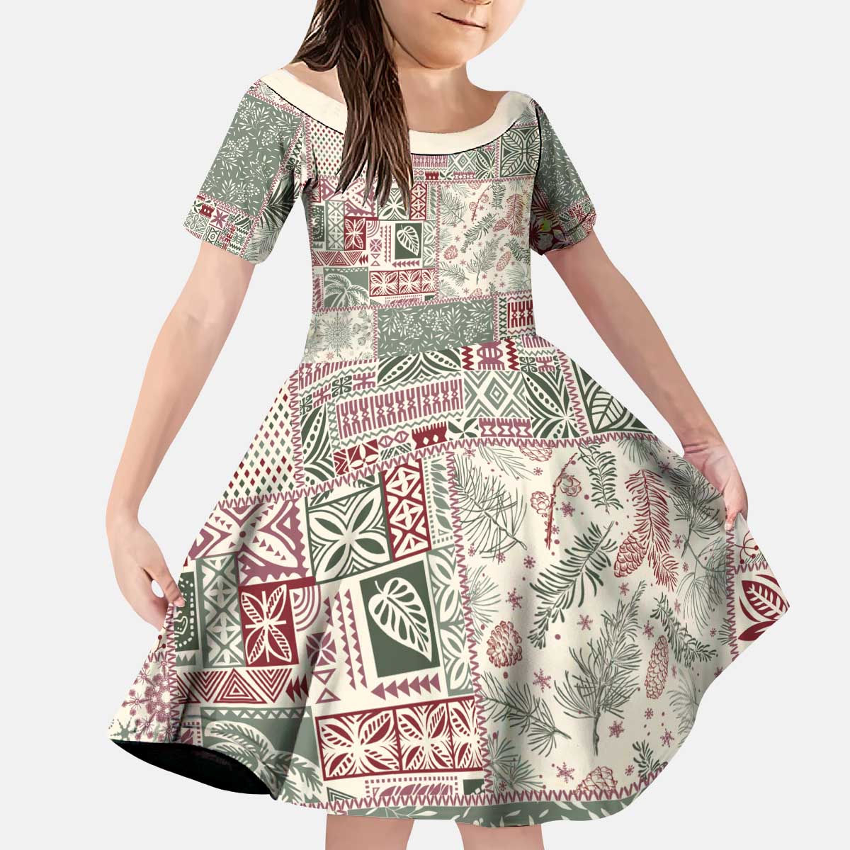 Aloha Hawaii Pastel Christmas Patchwork Kid Short Sleeve Dress Classic Style LT7 KID Pastel Green - Polynesian Pride