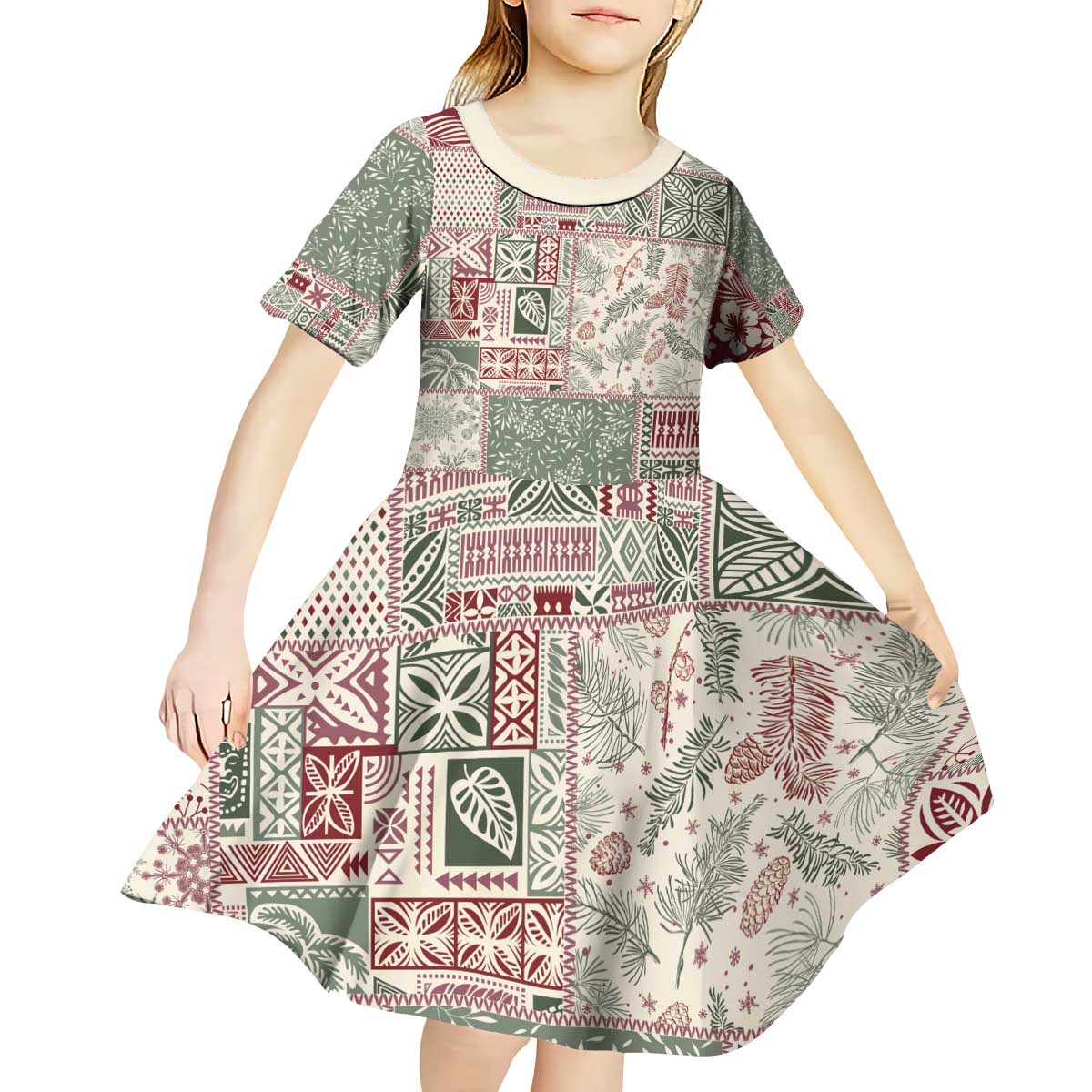 Aloha Hawaii Pastel Christmas Patchwork Kid Short Sleeve Dress Classic Style LT7 - Polynesian Pride