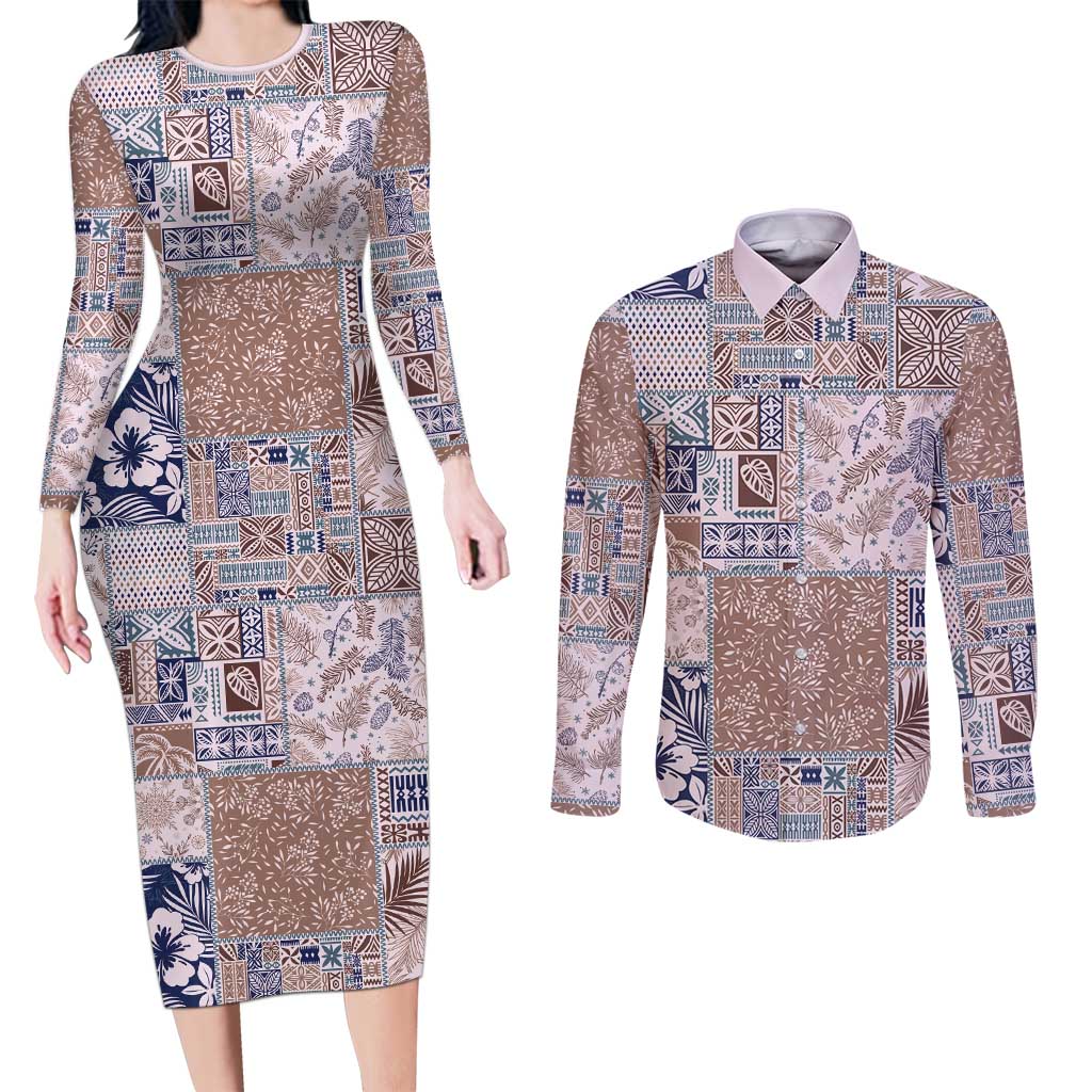 Aloha Hawaii Pastel Christmas Patchwork Couples Matching Long Sleeve Bodycon Dress and Long Sleeve Button Shirt Rustic Style LT7 Beige - Polynesian Pride
