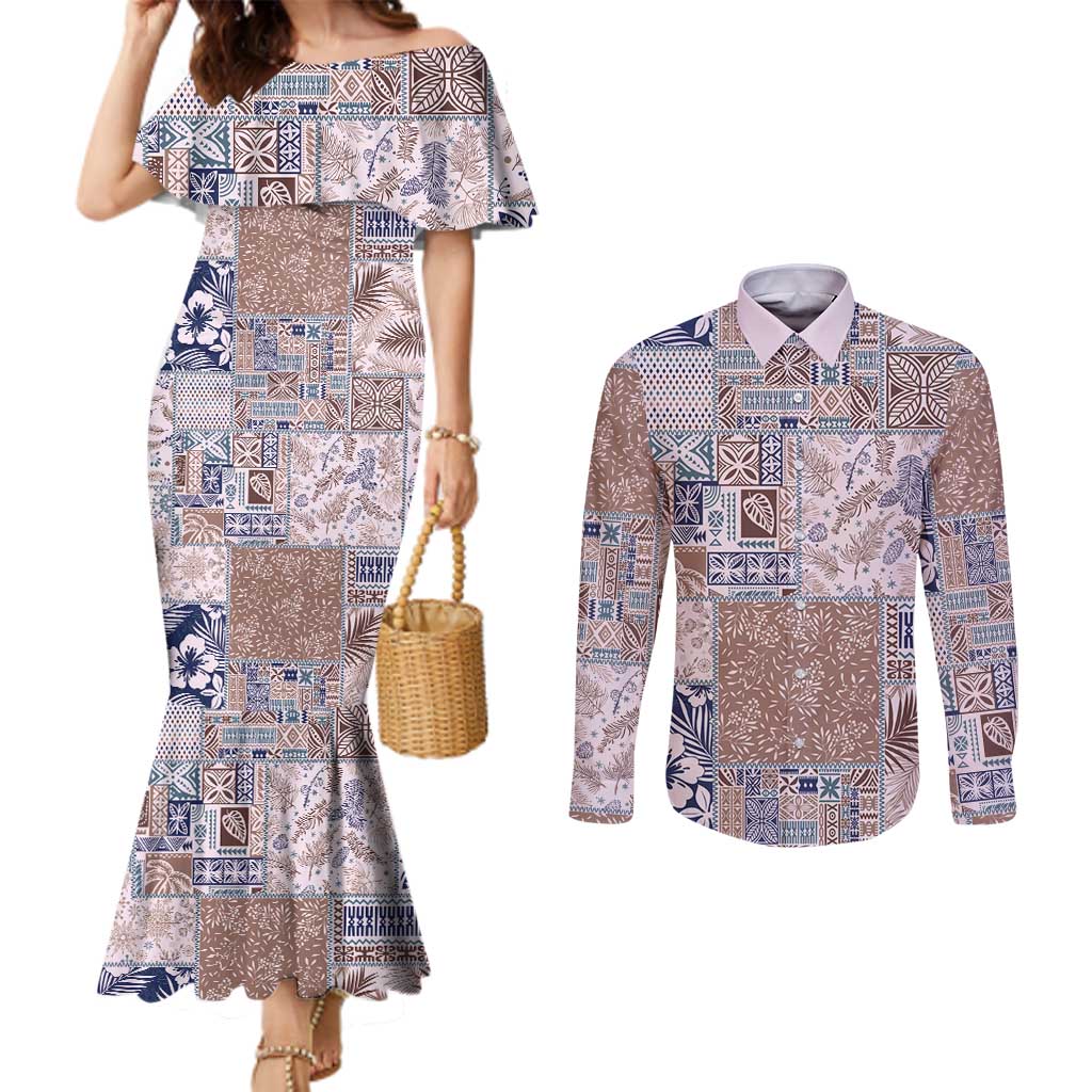 Aloha Hawaii Pastel Christmas Patchwork Couples Matching Mermaid Dress and Long Sleeve Button Shirt Rustic Style LT7 Beige - Polynesian Pride