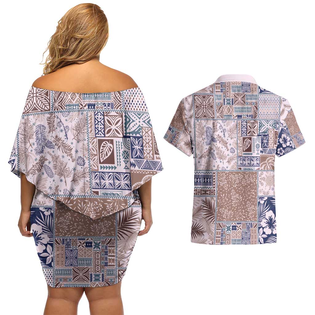 Aloha Hawaii Pastel Christmas Patchwork Couples Matching Off Shoulder Short Dress and Hawaiian Shirt Rustic Style - Polynesian Pride
