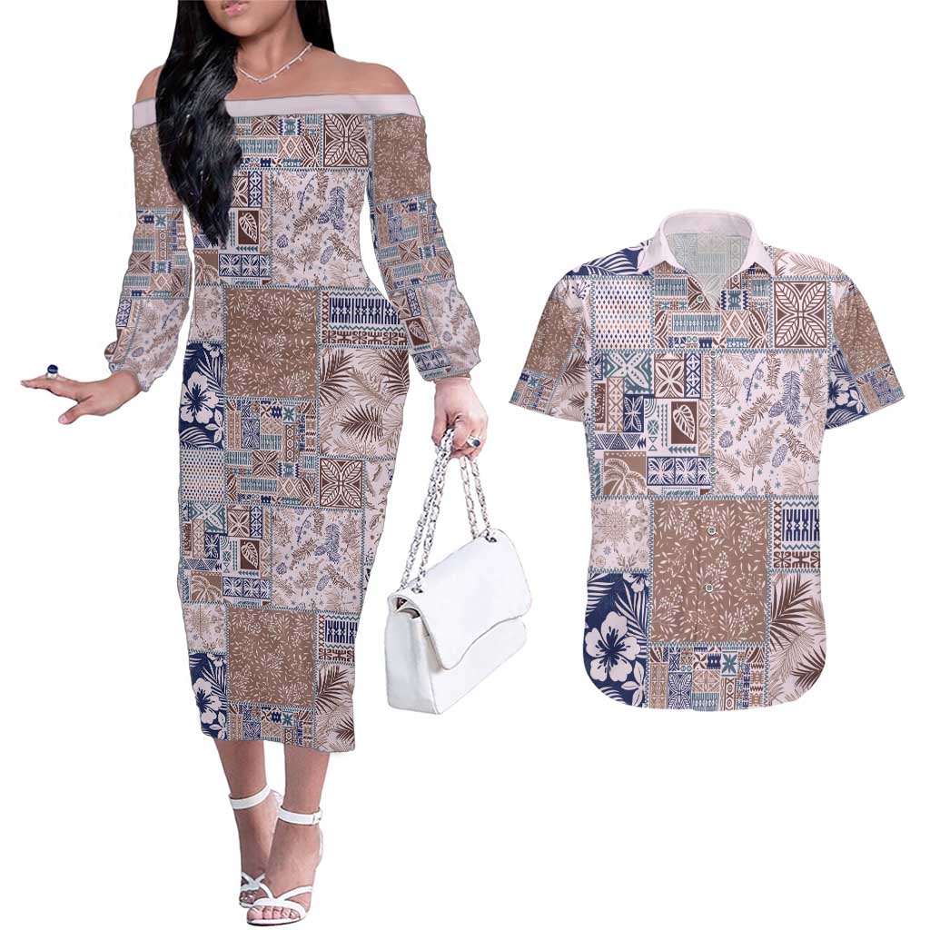 Aloha Hawaii Pastel Christmas Patchwork Couples Matching Off The Shoulder Long Sleeve Dress and Hawaiian Shirt Rustic Style - Polynesian Pride