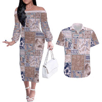 Aloha Hawaii Pastel Christmas Patchwork Couples Matching Off The Shoulder Long Sleeve Dress and Hawaiian Shirt Rustic Style - Polynesian Pride