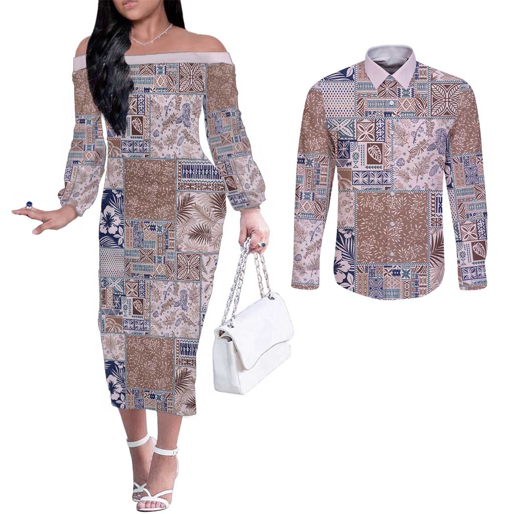 Aloha Hawaii Pastel Christmas Patchwork Couples Matching Off The Shoulder Long Sleeve Dress and Long Sleeve Button Shirt Rustic Style LT7 Beige - Polynesian Pride