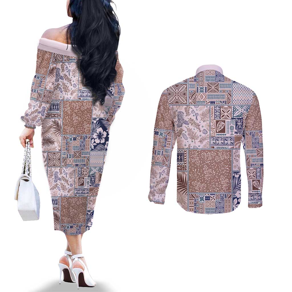 Aloha Hawaii Pastel Christmas Patchwork Couples Matching Off The Shoulder Long Sleeve Dress and Long Sleeve Button Shirt Rustic Style - Polynesian Pride