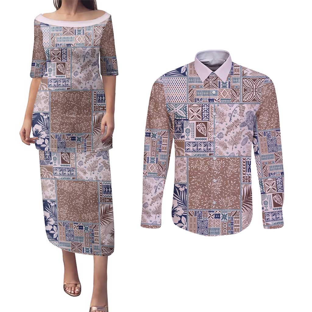 Aloha Hawaii Pastel Christmas Patchwork Couples Matching Puletasi and Long Sleeve Button Shirt Rustic Style LT7 Beige - Polynesian Pride