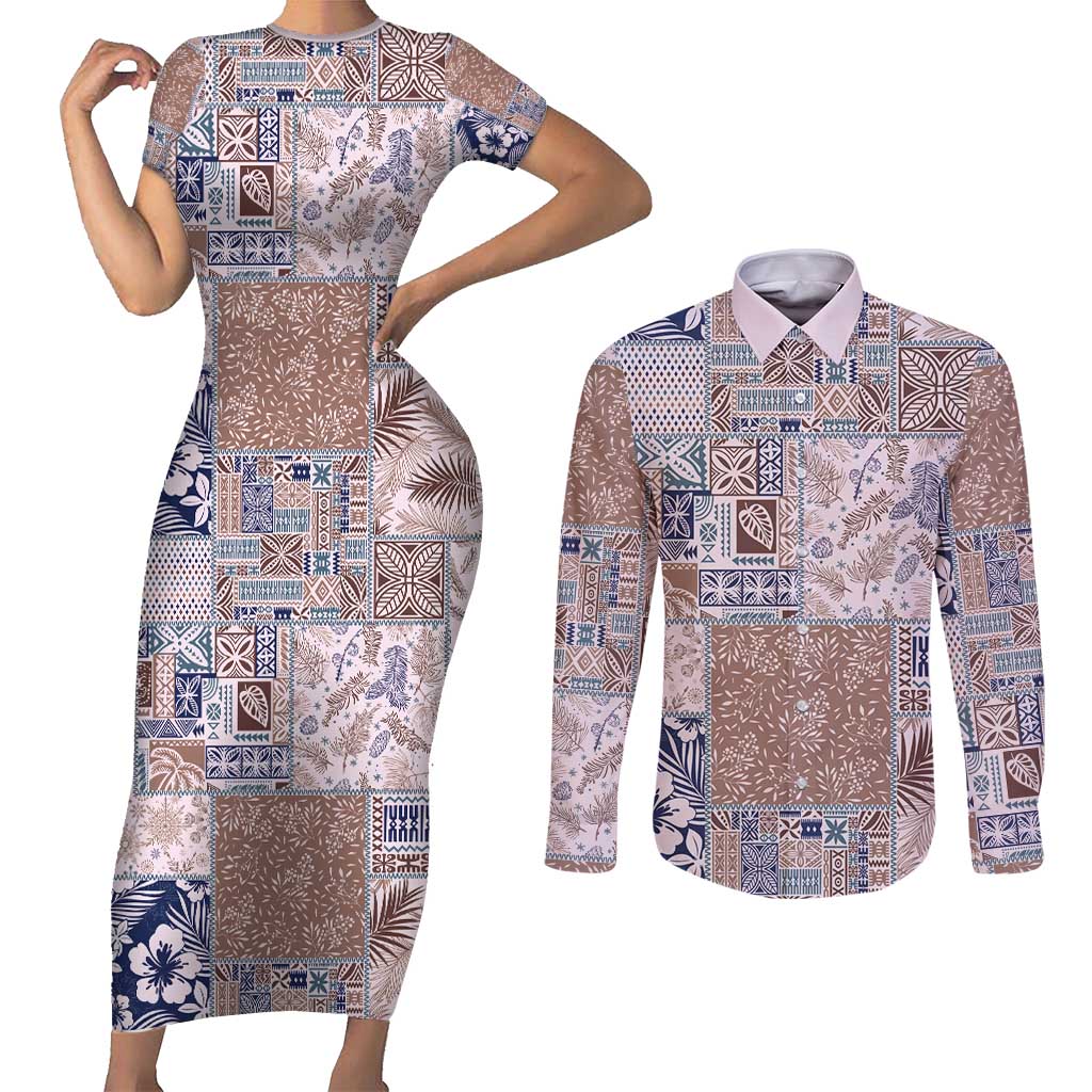 Aloha Hawaii Pastel Christmas Patchwork Couples Matching Short Sleeve Bodycon Dress and Long Sleeve Button Shirt Rustic Style LT7 Beige - Polynesian Pride