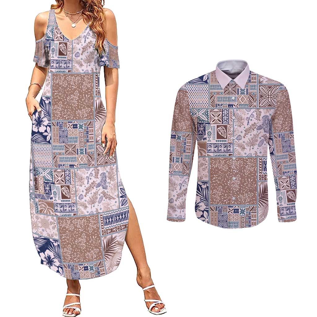 Aloha Hawaii Pastel Christmas Patchwork Couples Matching Summer Maxi Dress and Long Sleeve Button Shirt Rustic Style LT7 Beige - Polynesian Pride