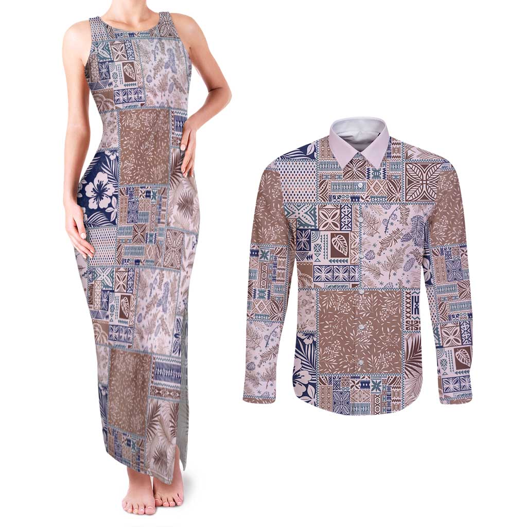 Aloha Hawaii Pastel Christmas Patchwork Couples Matching Tank Maxi Dress and Long Sleeve Button Shirt Rustic Style LT7 Beige - Polynesian Pride