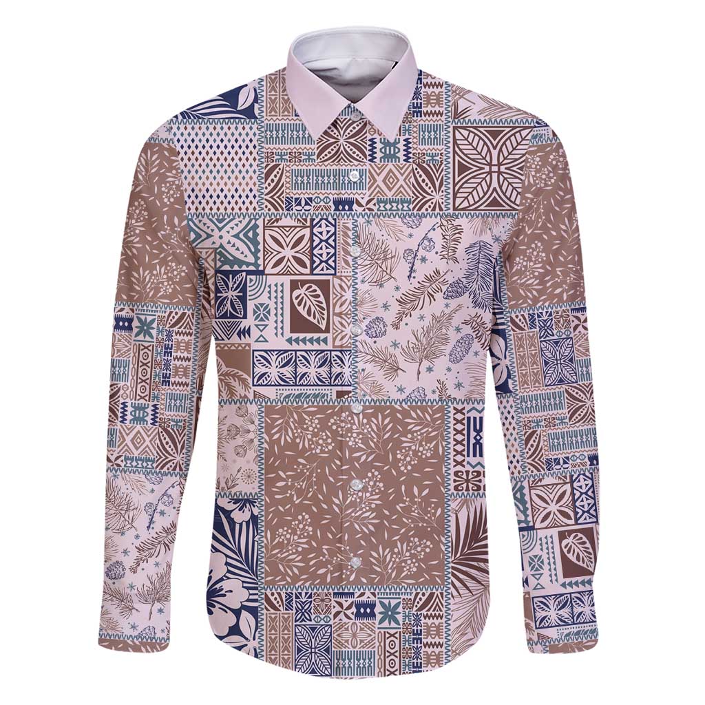 Aloha Hawaii Pastel Christmas Patchwork Family Matching Long Sleeve Bodycon Dress and Hawaiian Shirt Rustic Style LT7 Dad's Shirt - Long Sleeve Beige - Polynesian Pride