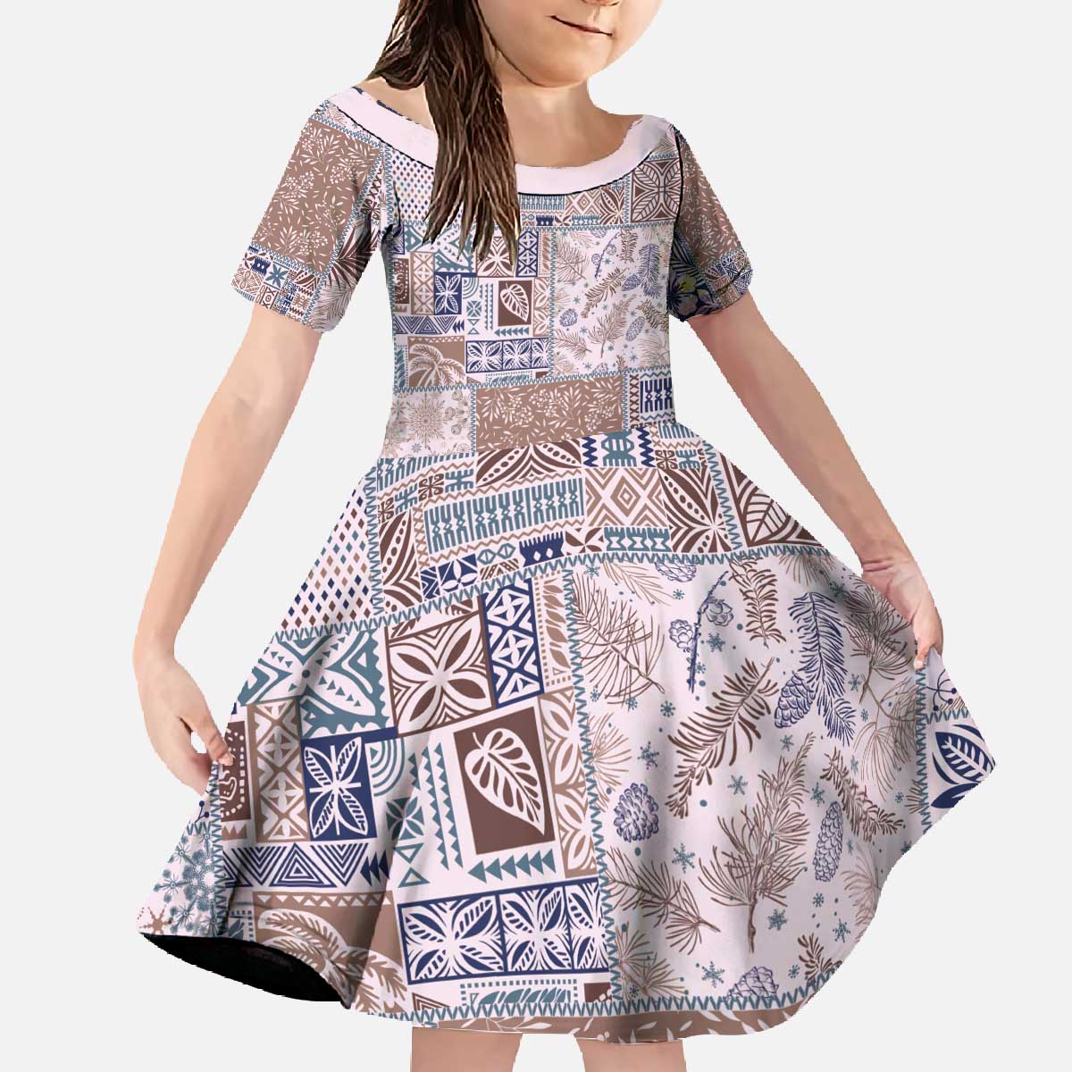 Aloha Hawaii Pastel Christmas Patchwork Family Matching Off The Shoulder Long Sleeve Dress and Hawaiian Shirt Rustic Style LT7 Daughter's Dress Beige - Polynesian Pride