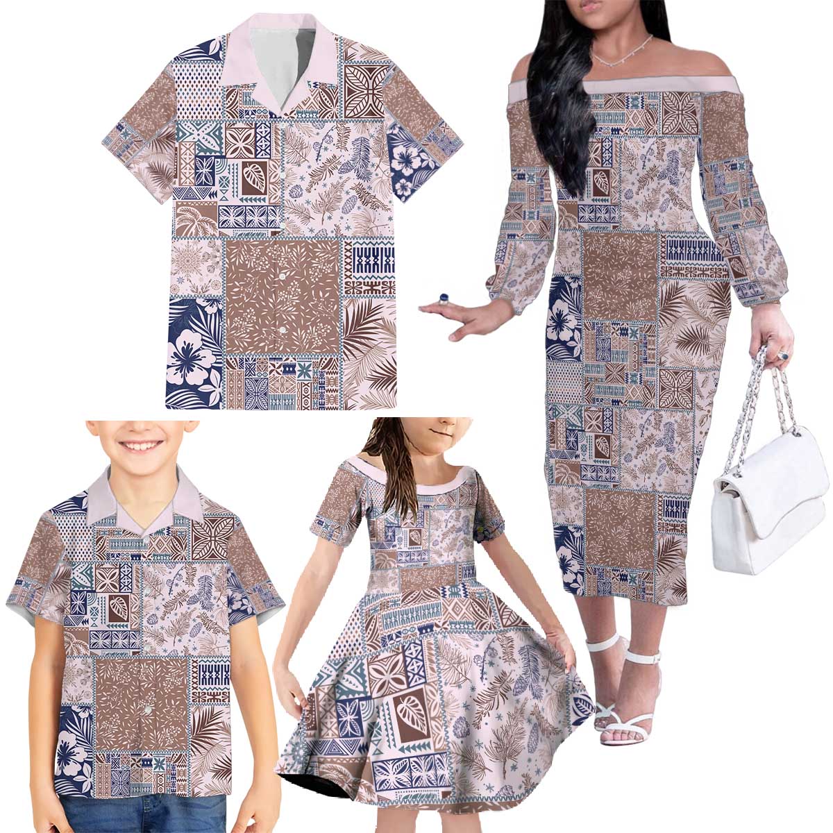 Aloha Hawaii Pastel Christmas Patchwork Family Matching Off The Shoulder Long Sleeve Dress and Hawaiian Shirt Rustic Style LT7 - Polynesian Pride