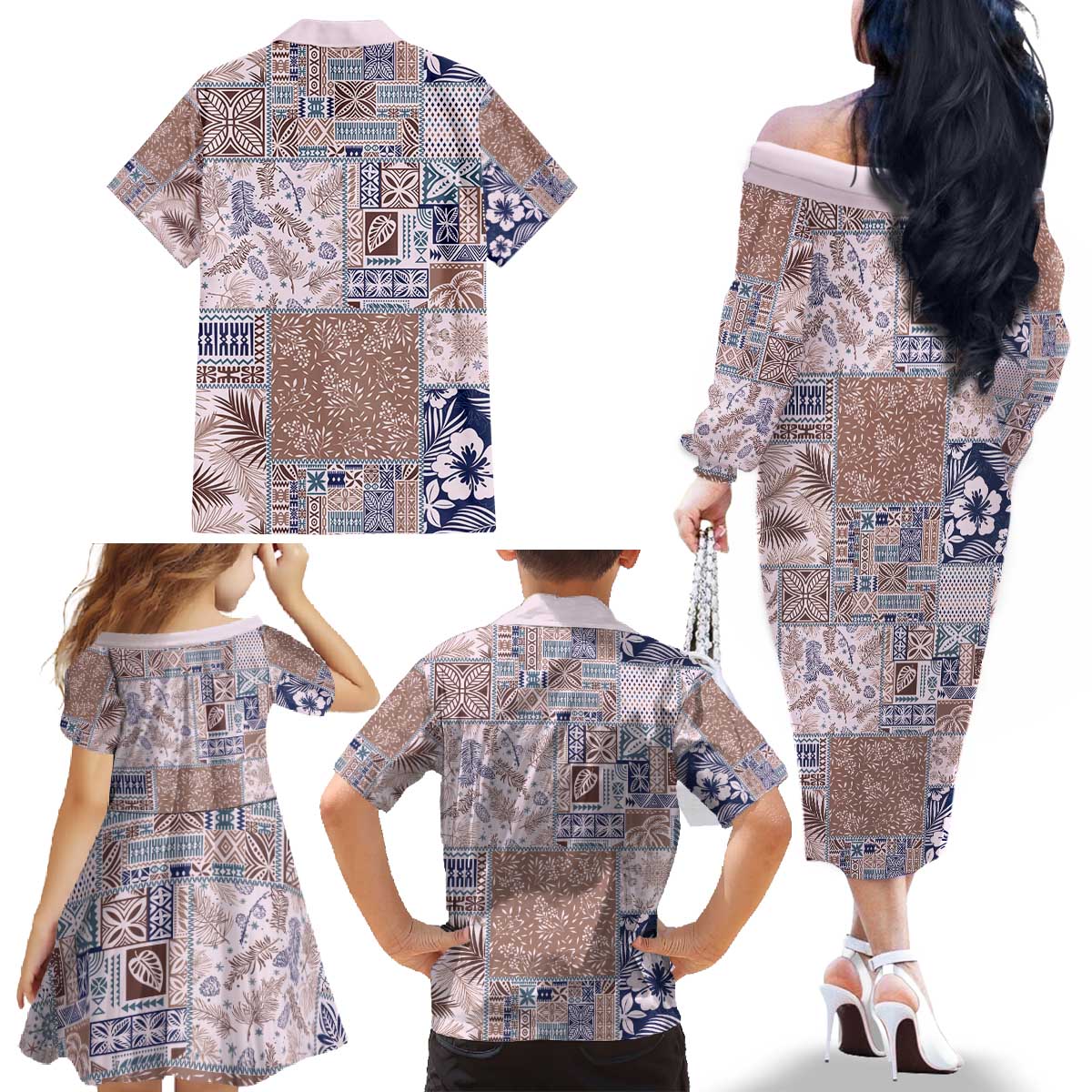 Aloha Hawaii Pastel Christmas Patchwork Family Matching Off The Shoulder Long Sleeve Dress and Hawaiian Shirt Rustic Style LT7 - Polynesian Pride