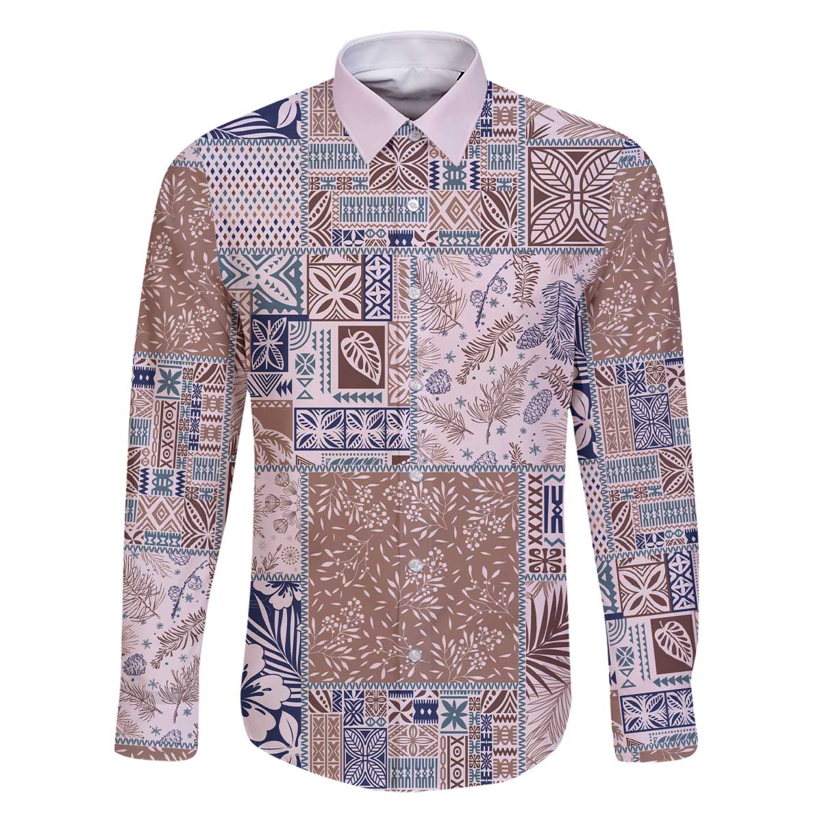Aloha Hawaii Pastel Christmas Patchwork Family Matching Off The Shoulder Long Sleeve Dress and Hawaiian Shirt Rustic Style LT7 Dad's Shirt - Long Sleeve Beige - Polynesian Pride