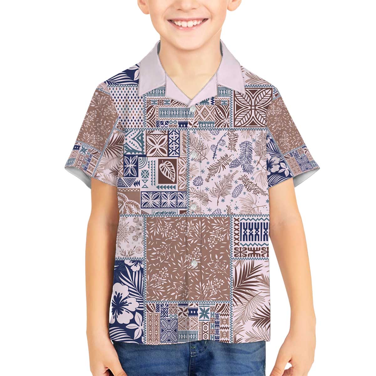 Aloha Hawaii Pastel Christmas Patchwork Family Matching Off The Shoulder Long Sleeve Dress and Hawaiian Shirt Rustic Style LT7 Son's Shirt Beige - Polynesian Pride