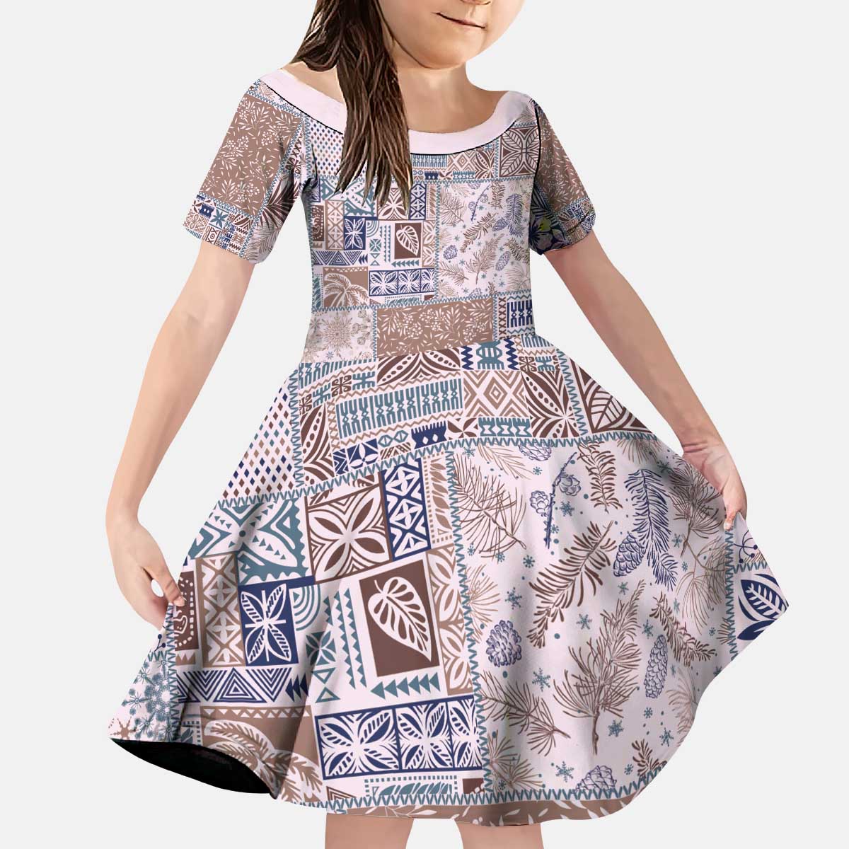 Aloha Hawaii Pastel Christmas Patchwork Kid Short Sleeve Dress Rustic Style LT7 KID Beige - Polynesian Pride