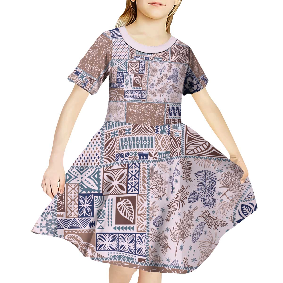 Aloha Hawaii Pastel Christmas Patchwork Kid Short Sleeve Dress Rustic Style LT7 - Polynesian Pride