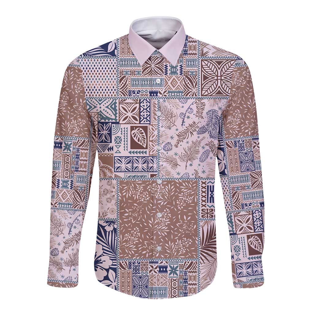 Aloha Hawaii Pastel Christmas Patchwork Long Sleeve Button Shirt Rustic Style LT7 Unisex Beige - Polynesian Pride