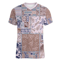 Aloha Hawaii Pastel Christmas Patchwork Women V-Neck T-Shirt Rustic Style LT7 Female Beige - Polynesian Pride
