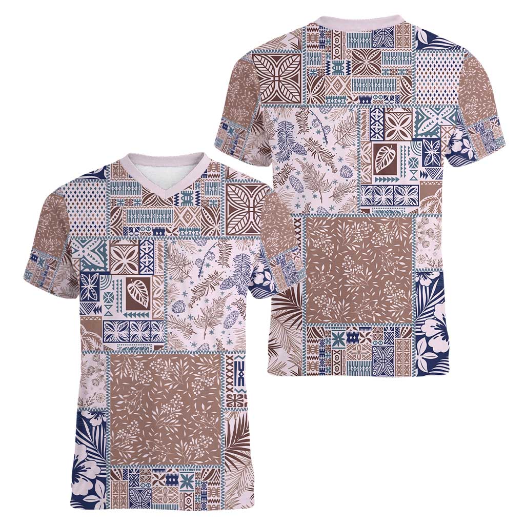 Aloha Hawaii Pastel Christmas Patchwork Women V-Neck T-Shirt Rustic Style LT7 - Polynesian Pride
