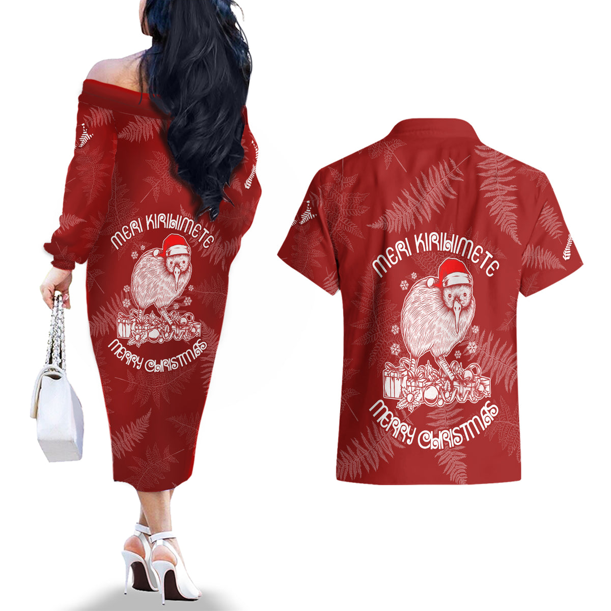 New Zealand Christmas Couples Matching Off The Shoulder Long Sleeve Dress and Hawaiian Shirt Silver Fern Mix Kiwi Bird Ver01 LT7 - Polynesian Pride