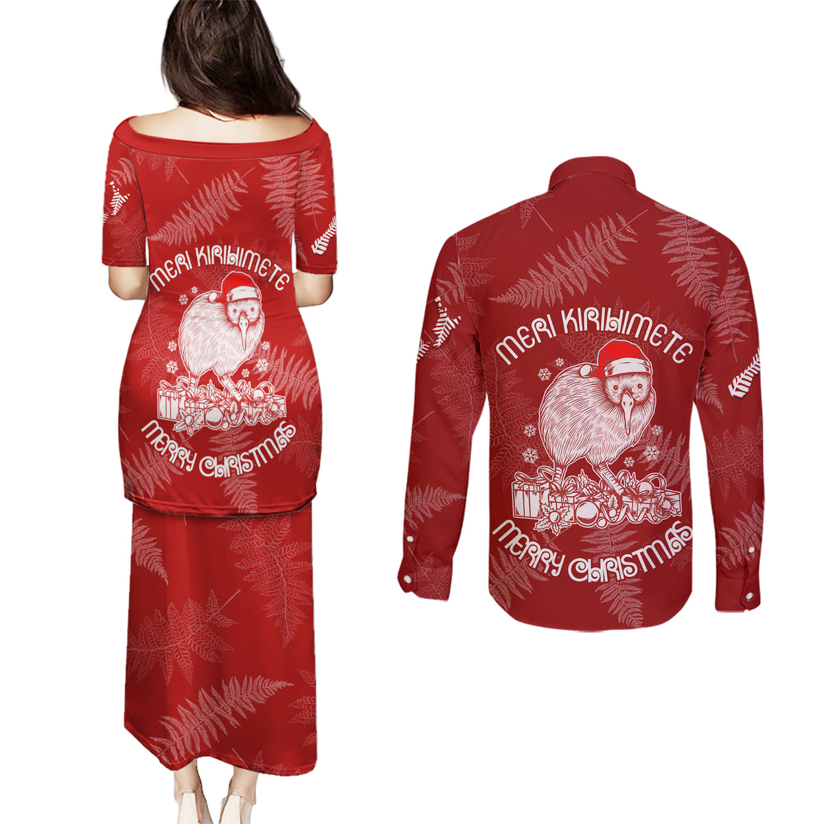 New Zealand Christmas Couples Matching Puletasi Dress and Long Sleeve Button Shirts Silver Fern Mix Kiwi Bird Ver01 LT7 - Polynesian Pride