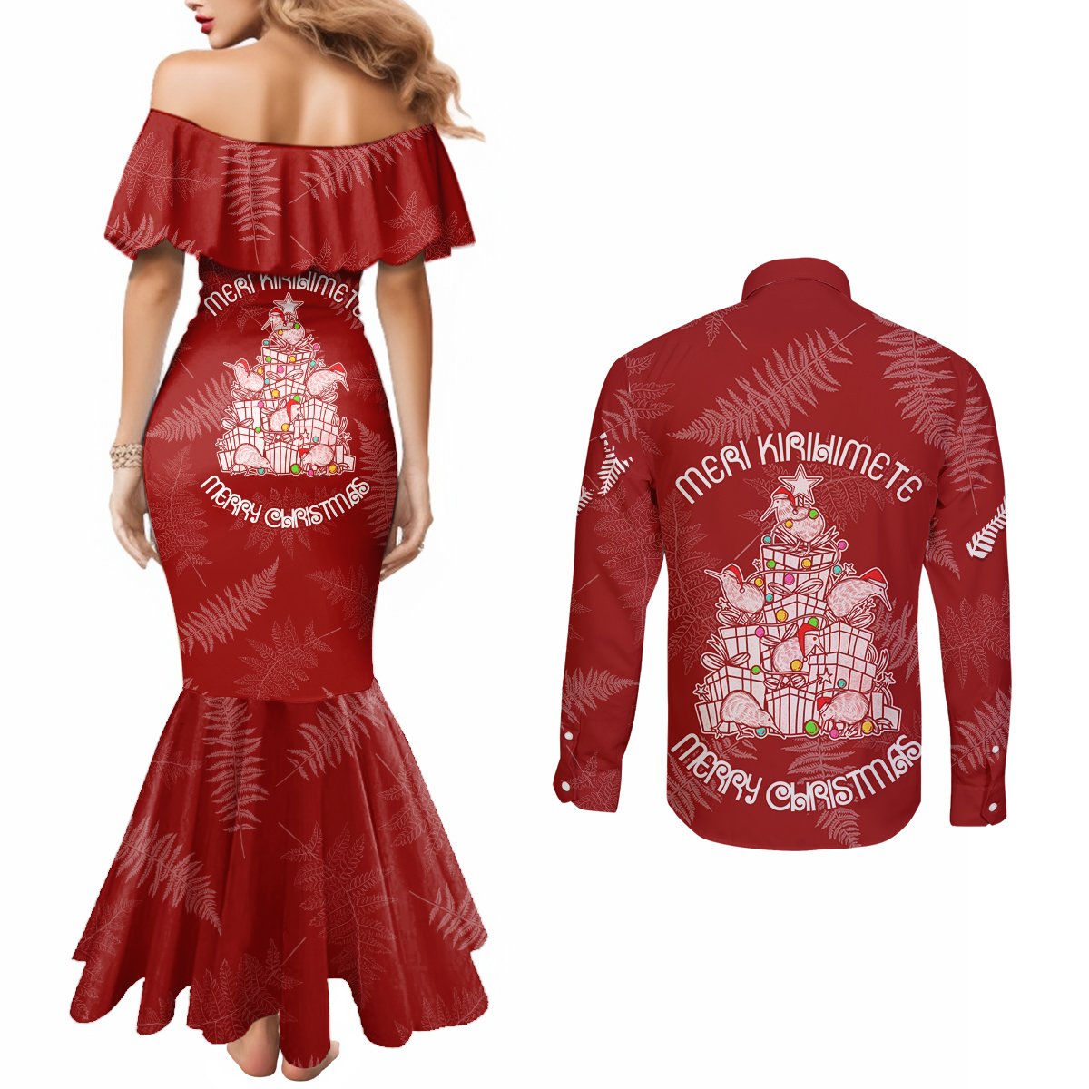 New Zealand Christmas Couples Matching Mermaid Dress and Long Sleeve Button Shirts Silver Fern Mix Kiwi Bird Ver02 LT7 - Polynesian Pride