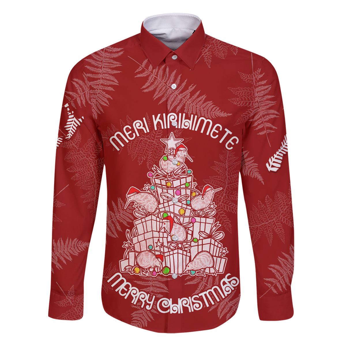 New Zealand Christmas Family Matching Off Shoulder Long Sleeve Dress and Hawaiian Shirt Silver Fern Mix Kiwi Bird Ver02 LT7 Dad's Shirt - Long Sleeve Red - Polynesian Pride