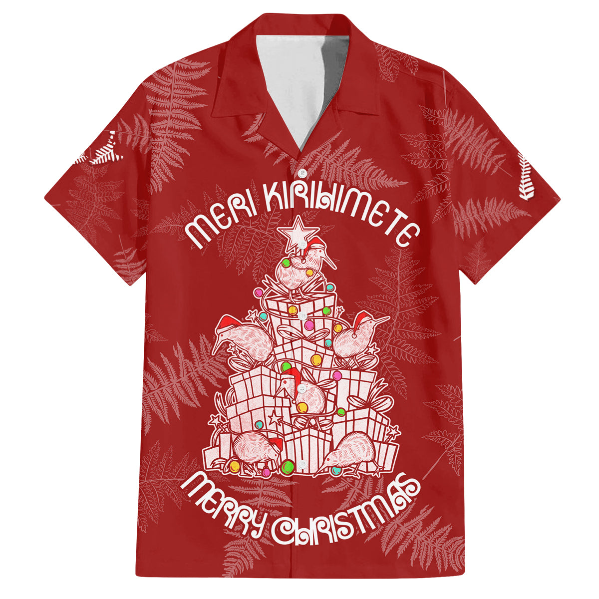 New Zealand Christmas Family Matching Off Shoulder Short Dress and Hawaiian Shirt Silver Fern Mix Kiwi Bird Ver02 LT7 Dad's Shirt - Short Sleeve Red - Polynesian Pride