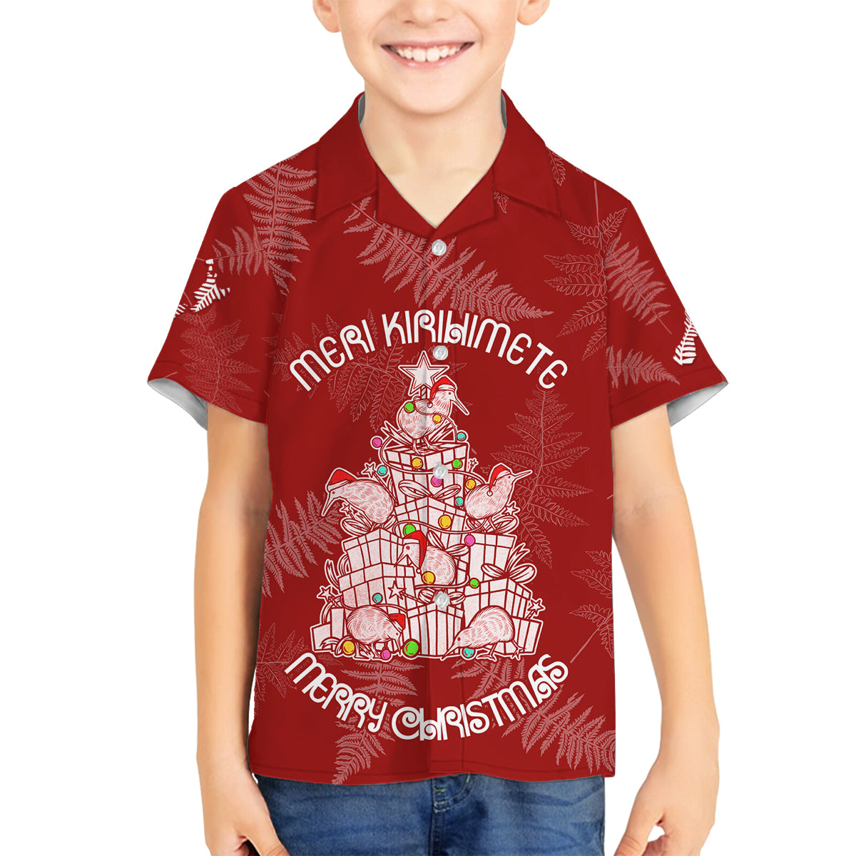 New Zealand Christmas Family Matching Tank Maxi Dress and Hawaiian Shirt Silver Fern Mix Kiwi Bird Ver02 LT7 Son's Shirt Red - Polynesian Pride