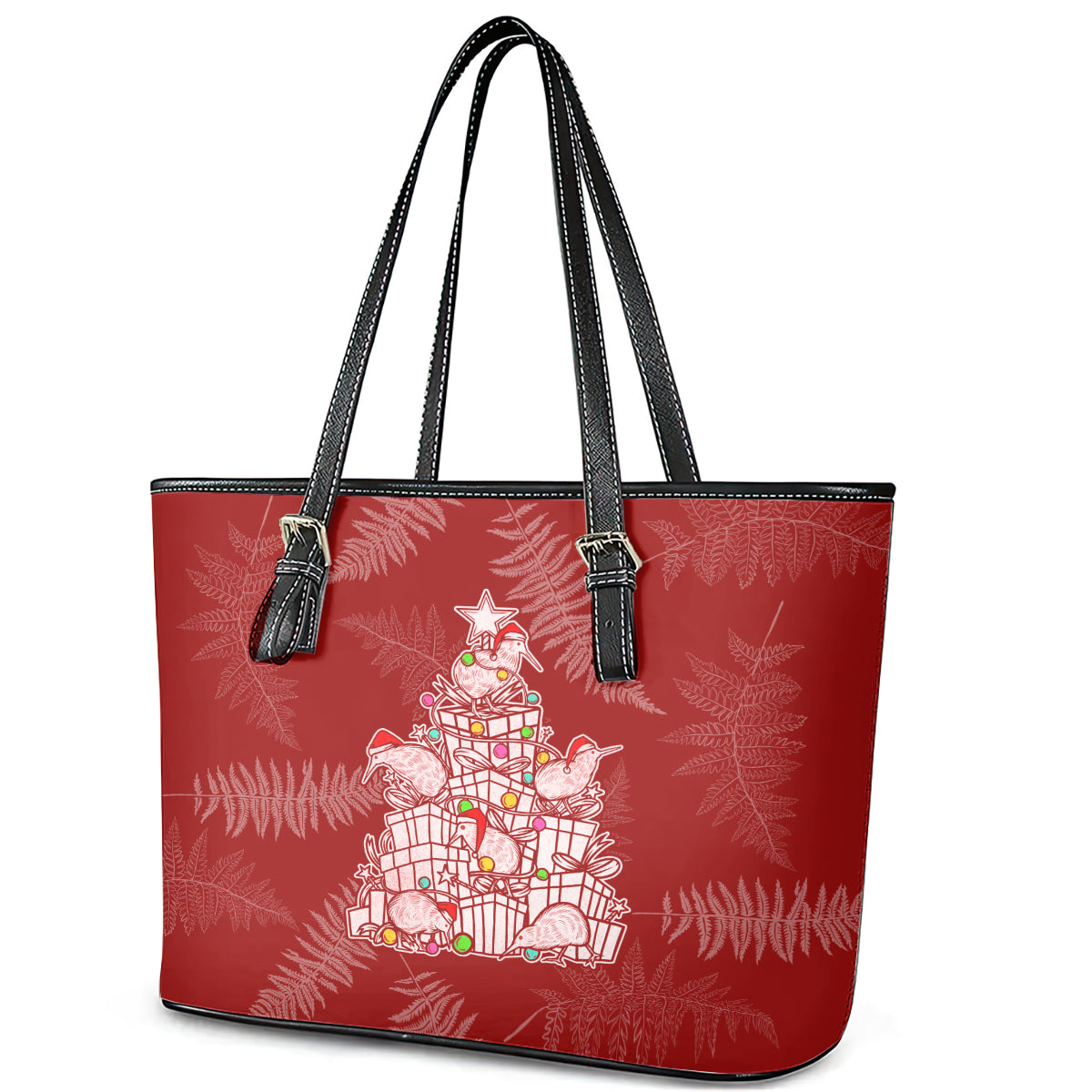 New Zealand Christmas Leather Tote Bag Silver Fern Mix Kiwi Bird Ver02 LT7 - Polynesian Pride
