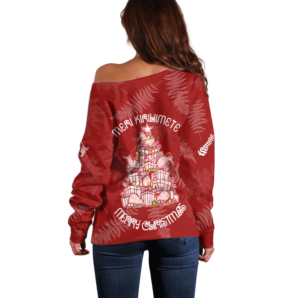New Zealand Christmas Off Shoulder Sweater Silver Fern Mix Kiwi Bird Ver02 LT7 - Polynesian Pride