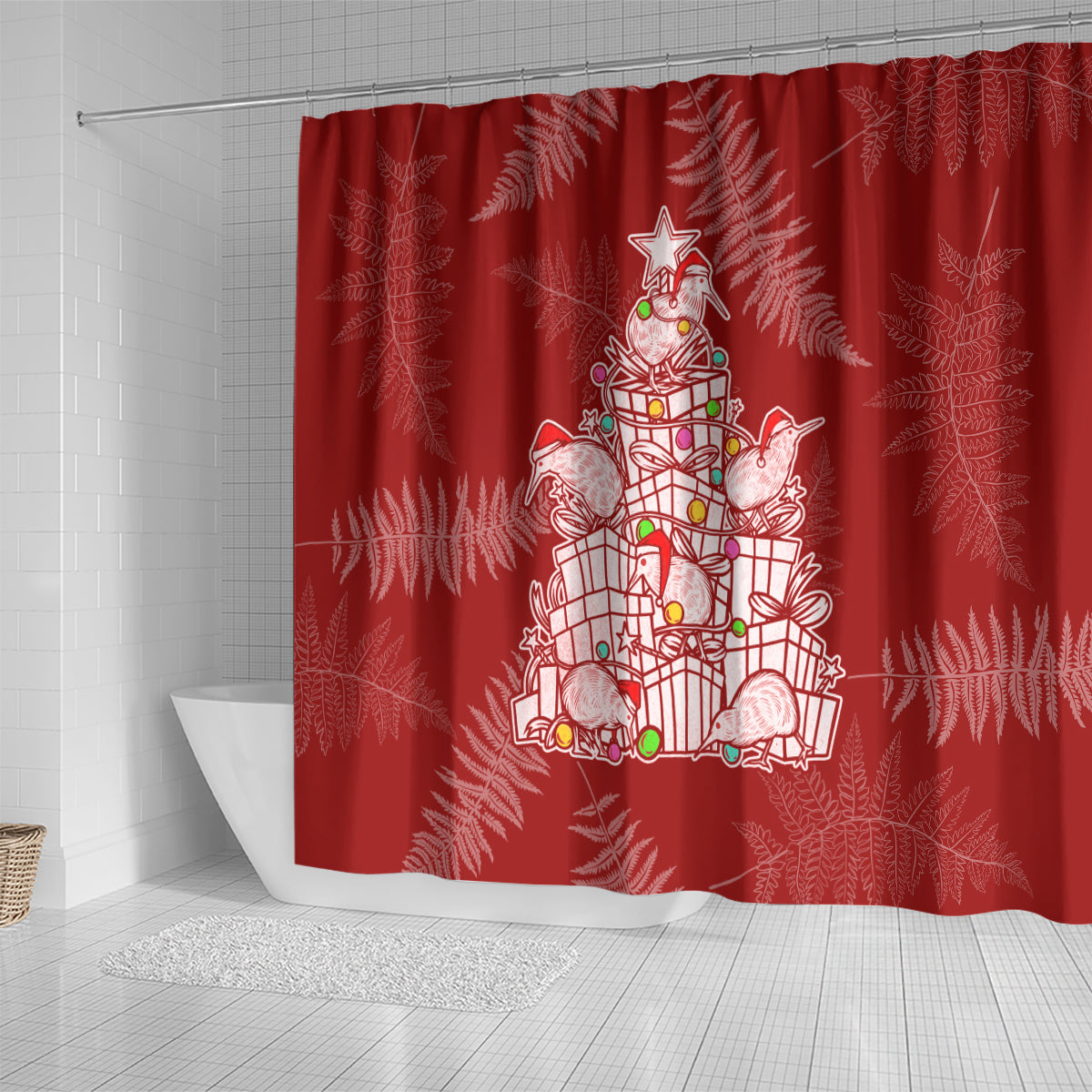 New Zealand Christmas Shower Curtain Silver Fern Mix Kiwi Bird Ver02 LT7 - Polynesian Pride