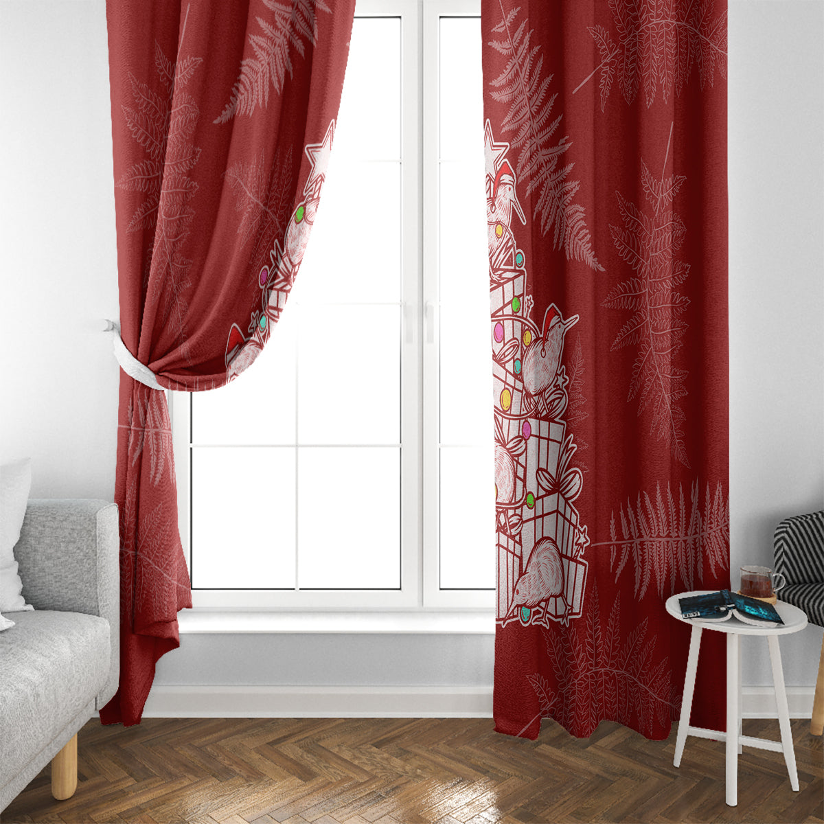 New Zealand Christmas Window Curtain Silver Fern Mix Kiwi Bird Ver02 LT7 - Polynesian Pride