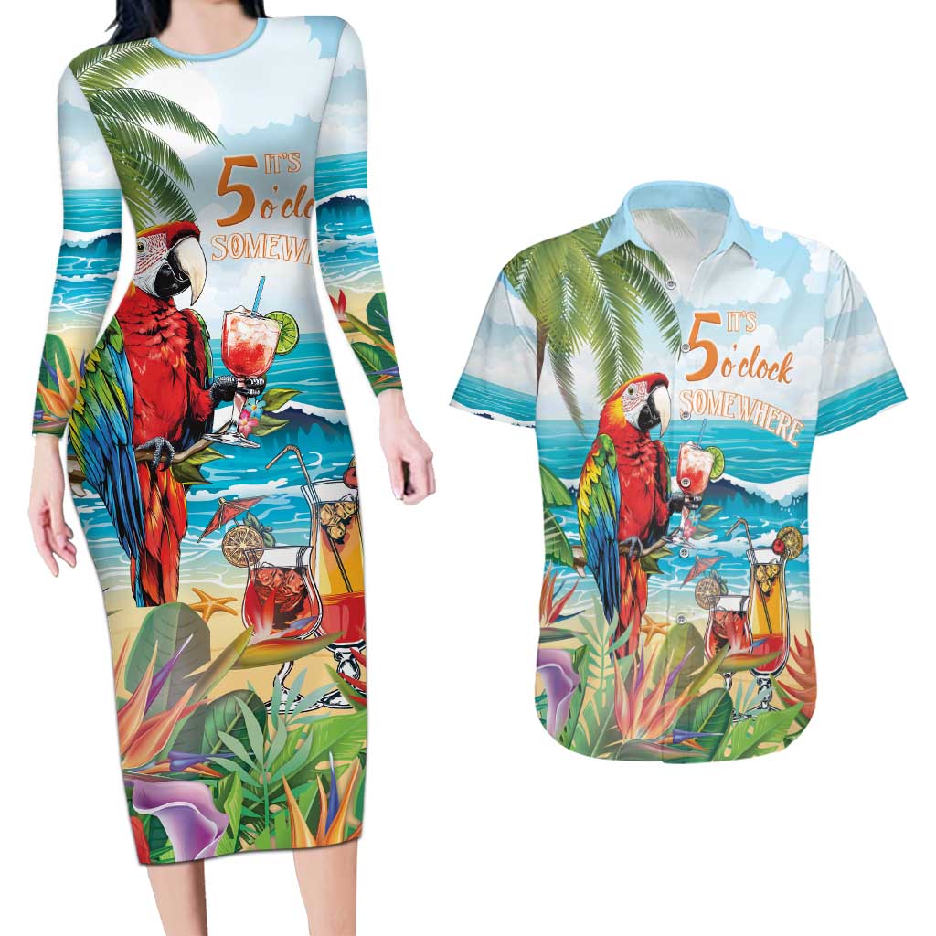 Aloha Hawaii Christmas Couples Matching Long Sleeve Bodycon Dress and Hawaiian Shirt It's 5 o'clock Somewhere LT7 Colorful - Polynesian Pride
