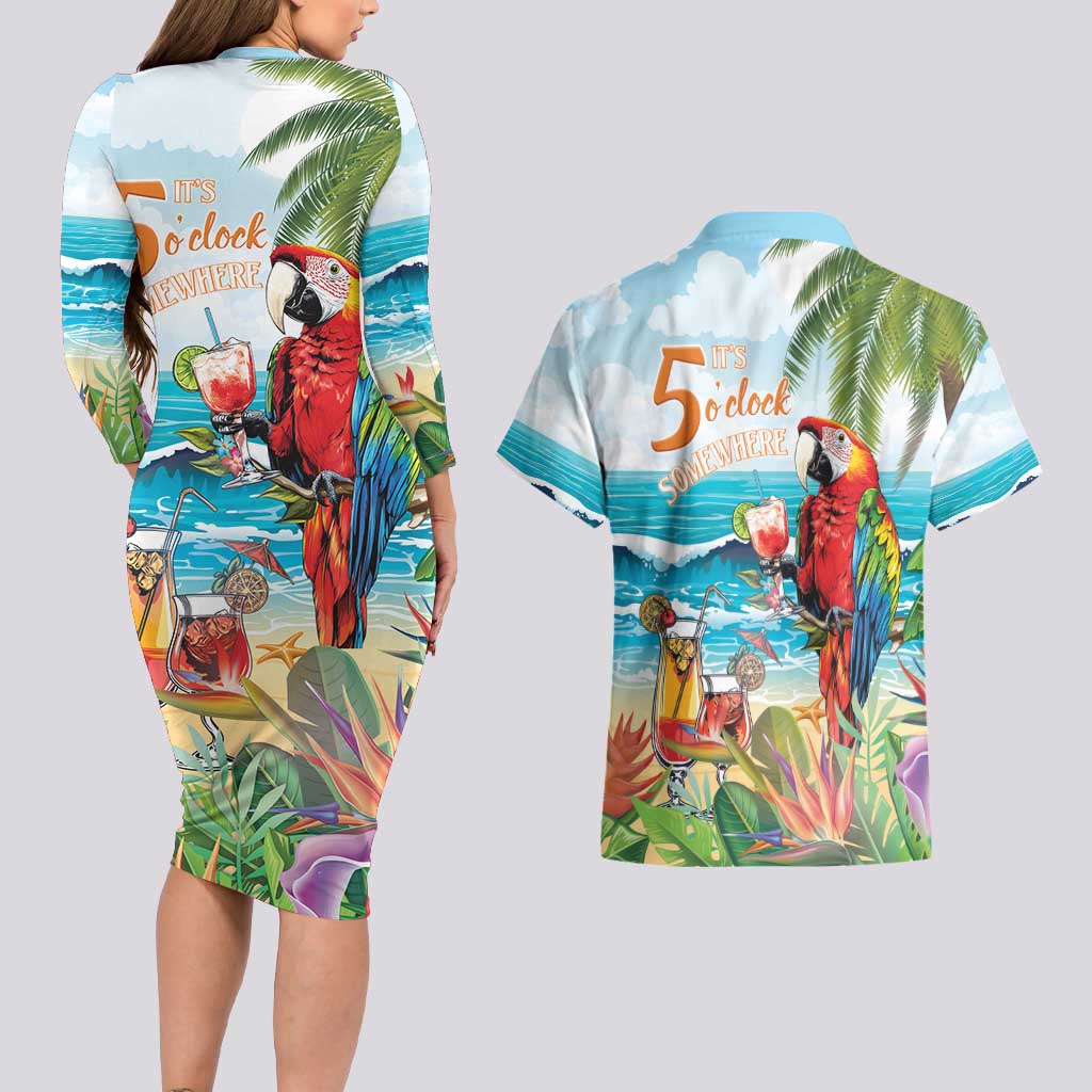 Aloha Hawaii Christmas Couples Matching Long Sleeve Bodycon Dress and Hawaiian Shirt It's 5 o'clock Somewhere LT7 - Polynesian Pride