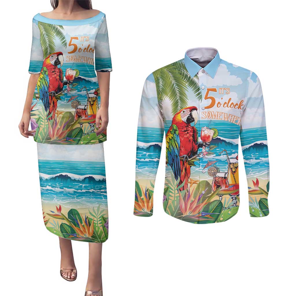 Aloha Hawaii Christmas Couples Matching Puletasi and Long Sleeve Button Shirt It's 5 o'clock Somewhere LT7 Colorful - Polynesian Pride