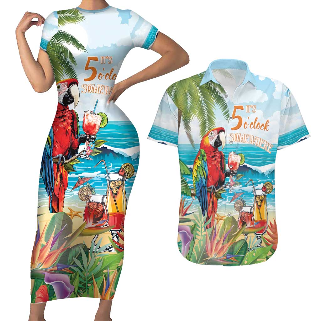 Aloha Hawaii Christmas Couples Matching Short Sleeve Bodycon Dress and Hawaiian Shirt It's 5 o'clock Somewhere LT7 Colorful - Polynesian Pride