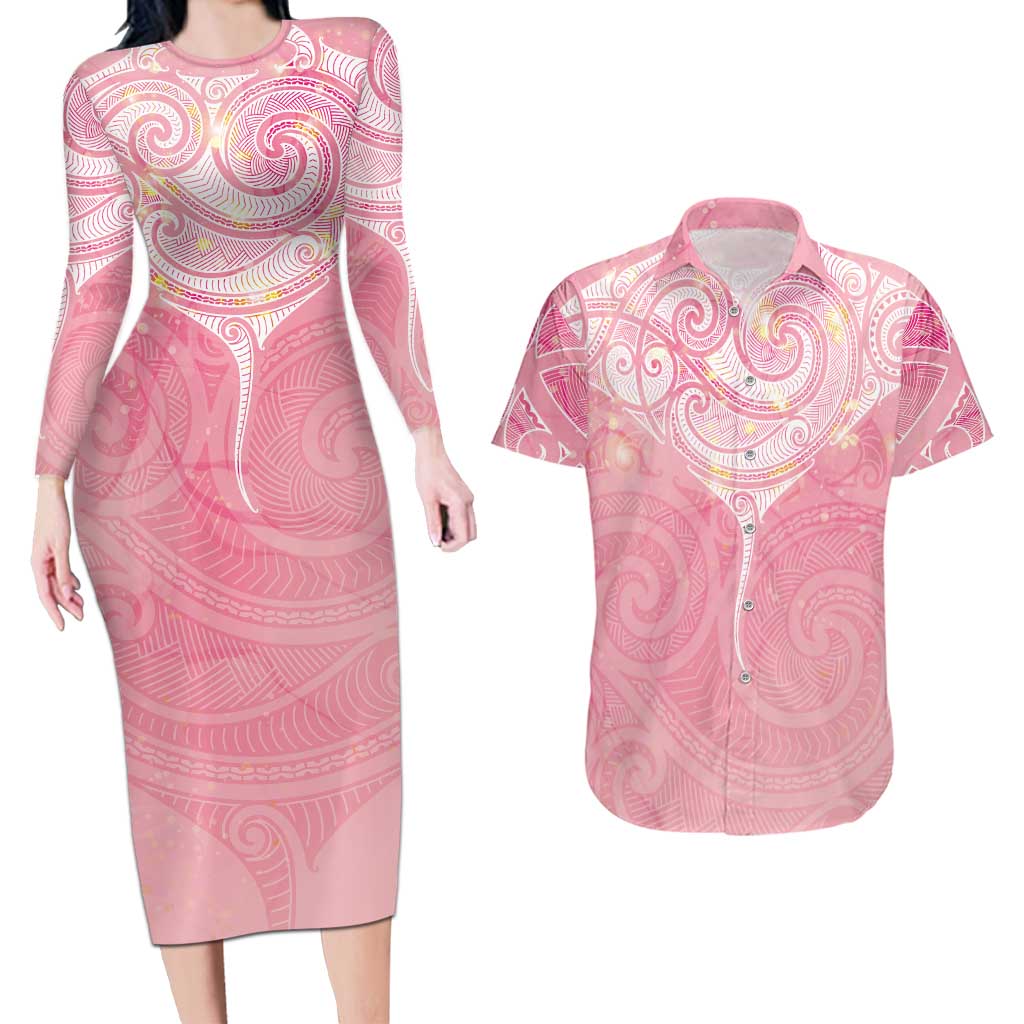 Breast Cancer Awareness Maori Aotearoa Couples Matching Long Sleeve Bodycon Dress and Hawaiian Shirt Manta Ray - Pink Glaze LT7 Pink - Polynesian Pride